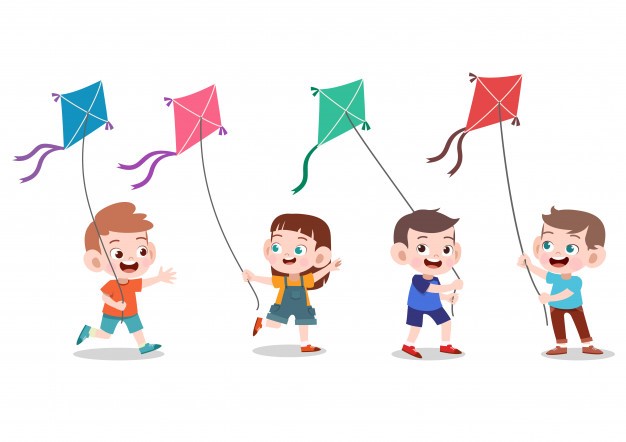 Kids play kite together Premium Vector